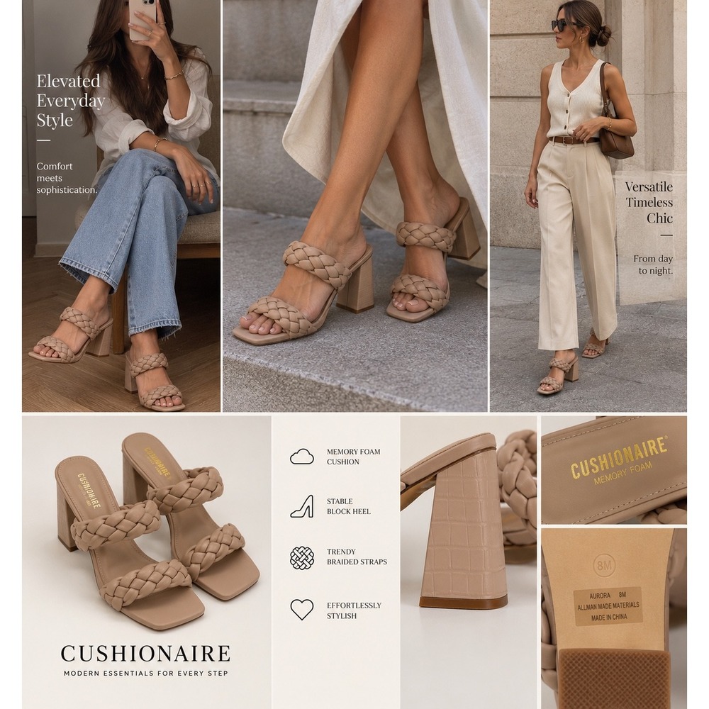 Cushionaire Aurora Tan Braided Block Heel Sandals Square Toe Mules Womens 8M